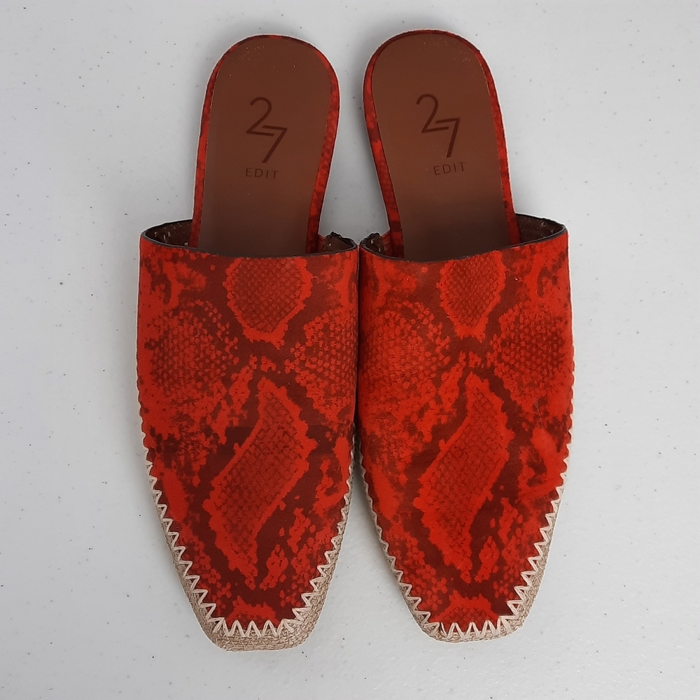 27 EDIT Red Snake-Print Slip-On Square-Toe Mules
